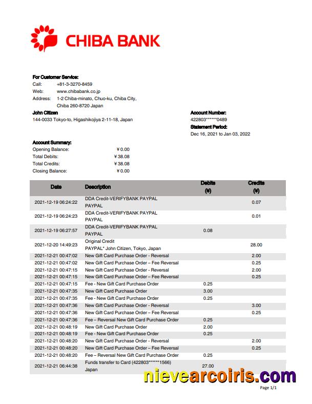 Japan Chiba bank statement in Word and PDF format.1